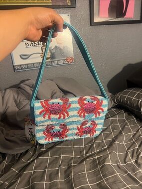 Beaded Crab Motif Shoulder Bag in Aqua and Red